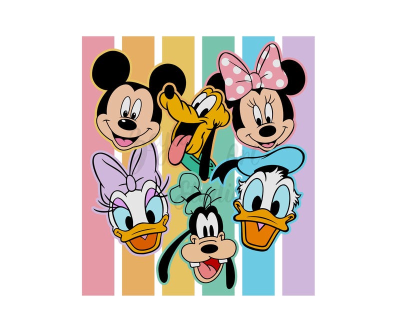 May include: A vibrant illustration showcasing the faces of Mickey Mouse, Minnie Mouse, Pluto, Donald Duck, Daisy Duck, and Goofy. The characters are set against a striped background of pink, yellow, orange, and blue.