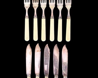 Antique, 1900s-20s,  Ivorine, Faux Bone, Ivory Fish Knives and Forks, Electro Plated Nickel Silver, Set of 11