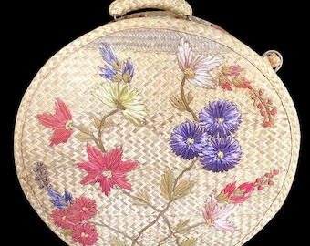 Vintage, 1960s, Straw, Raffia, Embroidered Suitcase, Hatbox