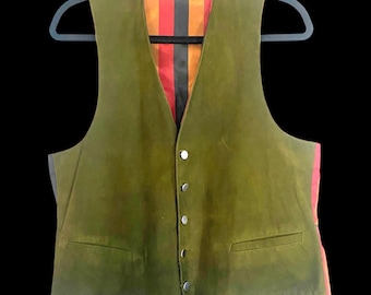 Vintage, 1960s, Olive Green Suede Vest, Waistcoat. Striped Back, Size 42, Small, Medium