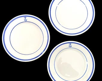 Vintage, 1950s, Homer Laughlin, Set of 3, US Navy, Fouled Anchor, Side, Salad Plates,