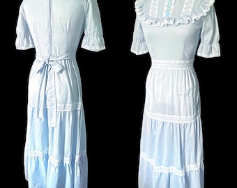 Vintage, 1970s, Blue Swiss Dot, Prairie, Cottagecore, Victorian Style, Maxi Dress by Peggy Barker, Size Small