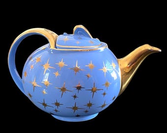 Tetera vintage Hall, azul, dorada, Atomic Starburst, MCM, 6 tazas