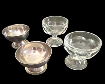 Vintage 1950s, MCM, Stainless and Depression Glass, Ice Cream, Dessert, Cups, Set of 4