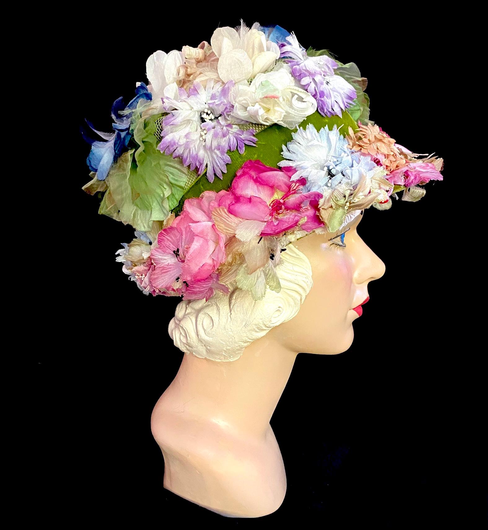 Vintage 1950s-1960s Fabric Tulip Flower Bouquet Topper Hat 1960s Faux Flower Green White Mod Amy New York Hat — Canned  main image 2