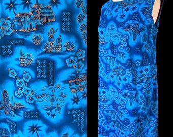 Vintage, 1960s, Blue, Gold, Hawaiian Shift Dress, Size Medium, Large, Volcanic Fashions