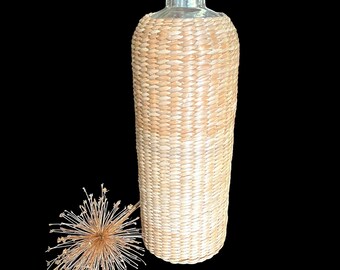 Vintage, Natural Colored Woven Raffia, Straw, Covered Bottle, Vase