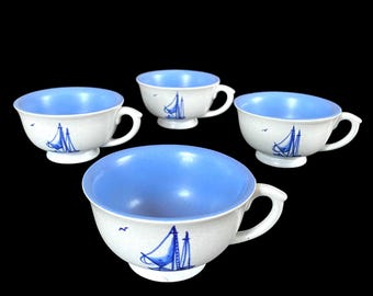 Vintage, Set of 4, Ipswich Crafts Pottery, Blue, Nautical, Tea, Coffee Cups