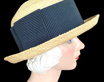 Vintage, 1980s, Women’s Straw Boater with Black Band, 24”