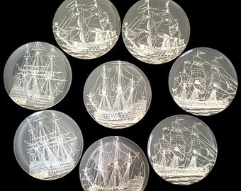 Vintage, Thomas Paul, Schooner, Scrimshaw, Sailing Ships, Melamine Plates, Set of 8