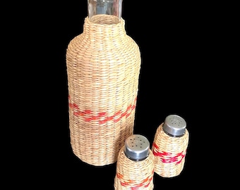 Vintage, 1990s, Red Striped Wicker, Rattan Carafe, Vase, Salt and Pepper, Picnic