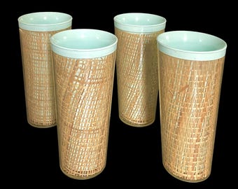 Vintage, 1960s, Raffia Ware, Burlap, Set of 4, Mint Green Tumblers