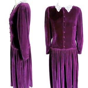 Vintage Dress, 1970s, 1980s, Eileen West, Purple, Drop Waist Velvet Dress with Lace Collar, Romantic, Prairie, Gunne Sax style, Size 12.