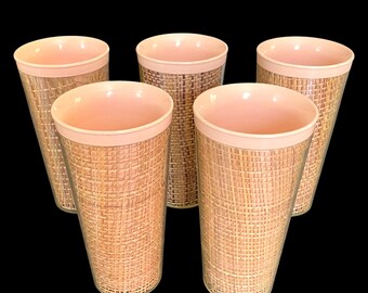 Vintage, 1960s, Raffia Ware, Burlap, Set of 5, Pink Tumblers