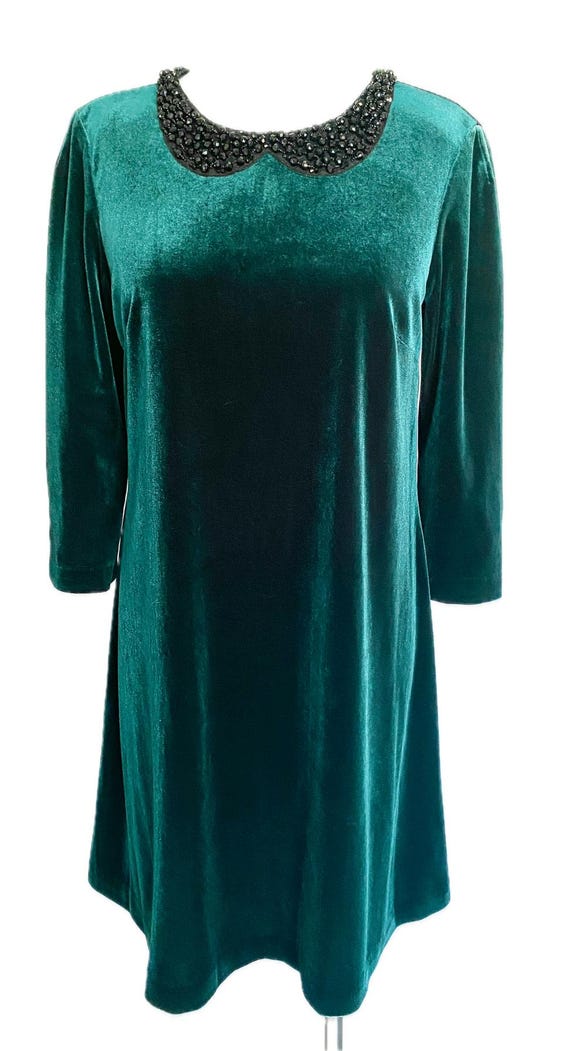 Betsey Johnson, Dark Green Velvet Dress with Beaded Collar, Size 10, Medium