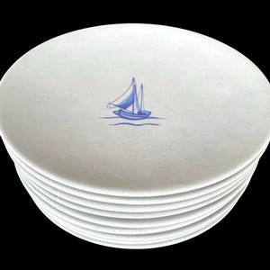 Vintage, Set of 9, Ipswich Crafts Pottery, 10” Blue, Nautical, Handmade Dinner Plates