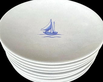 Vintage, Set of 9, Ipswich Crafts Pottery, 10” Blue, Nautical, Handmade Dinner Plates