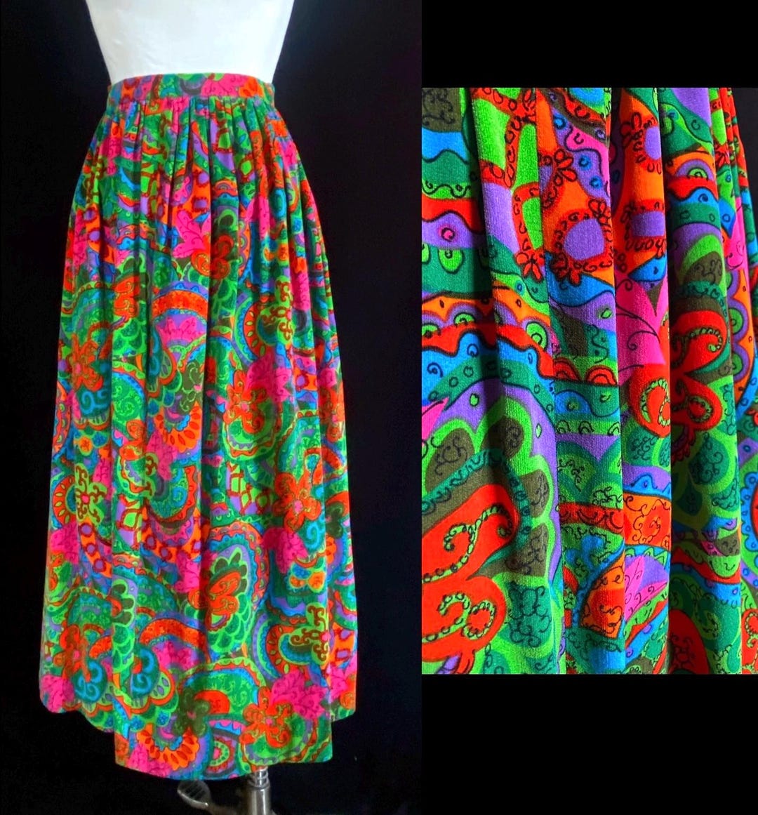 Vintage 60s Floral Velvet Maxi Skirt 30