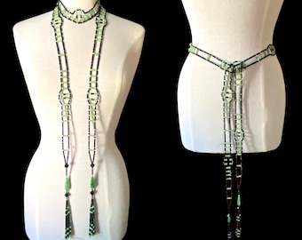 Vintage 1920’s, Black Jet and Green Jadeite, Beaded Belt, Necklace
