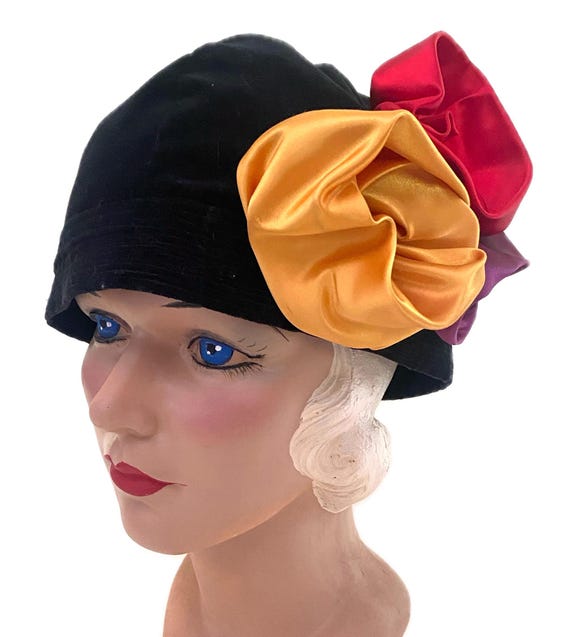 Vintage, 1990s, Deborah Stevenson Black Velvet Cloche Hat