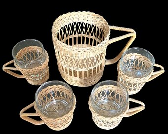 Vintage, 1950s, Libbey Glasses Set with Wicker Holders and Pitcher Holder