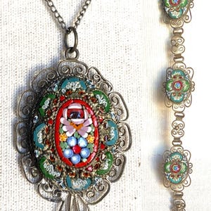 Vintage, Antique, Italian, Silver, Micro Mosaic Necklace and Bracelet Set