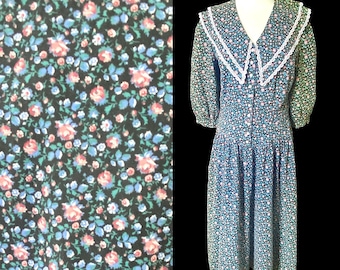 Vintage, 1970s, Eber, San Francisco, Floral Prairie,  Cottagecore, Midi, Maxi Dress, Size Medium
