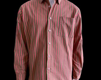 Vintage, Mens, Marimekko, Olive and Pink Stripe, Oxford Shirt, Size XL