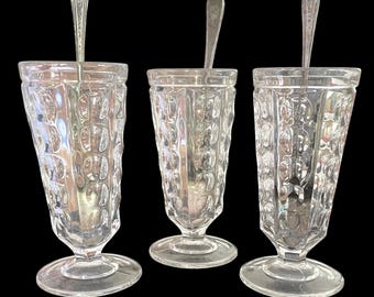 Vintage 1930s, Thumbprint, Ice Cream Sundae, Parfait Dessert Glasses, and Spoons, Set of 6