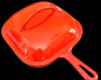 Vintage, Red Enameled, Cast Iron, Portland Stove Foundry, Covered Skillet