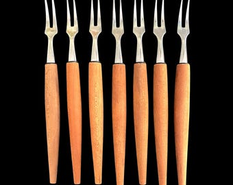 Vintage 1960s, MCM, Teak, Japanese, Small Appetizer, Cocktail Forks, Set of 7