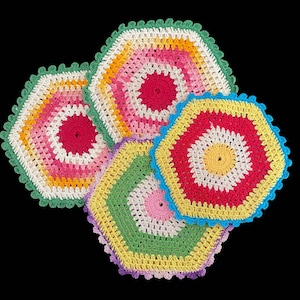 Vintage, 1940’s, Set of 4, Large, Hexagonal, Crocheted Potholders, Trivets