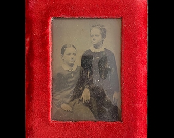 Vintage, Victorian, Red, Velvet, Picture Frame, Antique Photo, Girls, Convex Glass