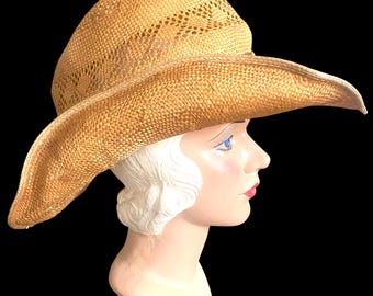 Vintage, Distressed, Straw, Cowboy Hat, Size 7–7.5