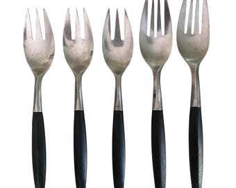Vintage, 1960s MCM, Black, Viking Forged Stainless, Japan, Forks, Set of 5