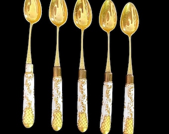 Vintage, 1920s, Demitasse, Dessert Spoons, Tea Spoons, Unmarked, Gilt Filagree Porcelain, Gold Plated, Set of 5