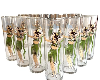 Vintage, Set of 12, 1950s, Rare, Hawaiian Hula Girl Tumblers, by Libbey, Mint Condition