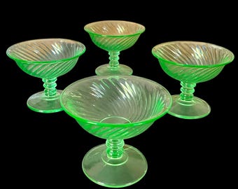 Vintage 1920s, Twisted Optic, Imperial Glass, Uranium Glass, Dessert Cups, Coupes, Set of 4
