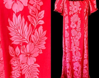 Vintage, 1980s, Royal Creations, Pink and Red Hawaiian Maxi Dress, Muumuu, Size Large