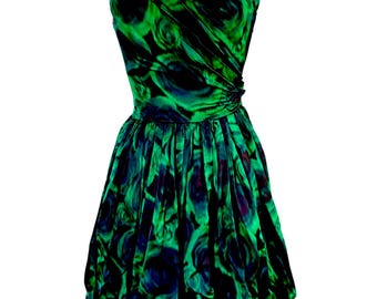 Vintage, 1950s, Pedro Rodriguez, Madrid, Silk, Haute Couture, Strapless Cocktail Dress, Size XXS, XS, Malachite Emerald Green