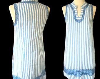 Vintage, Hatley, Blue and White Striped Linen Dress, Size XS