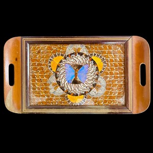 Vintage Butterfly Wing Art Wood Inlay Serving Tray Rio De Janeiro