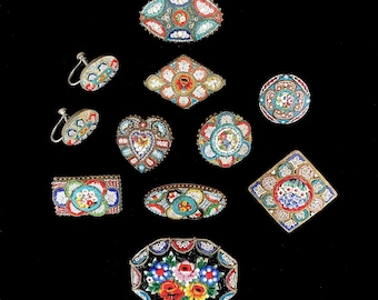 Vintage, Italian, Micro Mosaic Jewelry, Brooches, Pins, Earrings