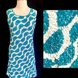 Vintage, 1960s, Iridescent Turquoise and White Matte Sequin, Sheath Dress Size M.