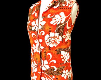 Vintage, 1960s, Orange Hawaiian Barkcloth, Sleeveless Blouse, Size Small, 4, 6, 8