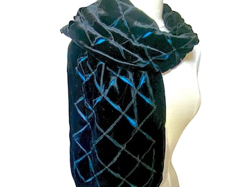 Vintage Scarf, 1950s, Black Velvet and Blue Chiffon, Cutout Scarf