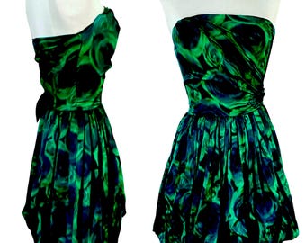 Vintage, 1950s, Pedro Rodriguez, Madrid, Silk, Haute Couture, Strapless Cocktail Dress, Size XXS, XS, Malachite Emerald Green