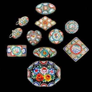 Set of 10, Vintage, Italian, Micro Mosaic Jewelry, Brooches, Earrings