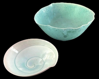 Vintage, Turquoise, Delicate, Artisan Porcelain Bowls, Signed Bell, Set of 2,