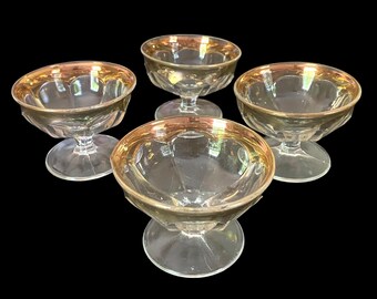 Vintage, 1930s, Gold Rim, Depression Glass, Ice Cream, Dessert, Cups, Set of 4